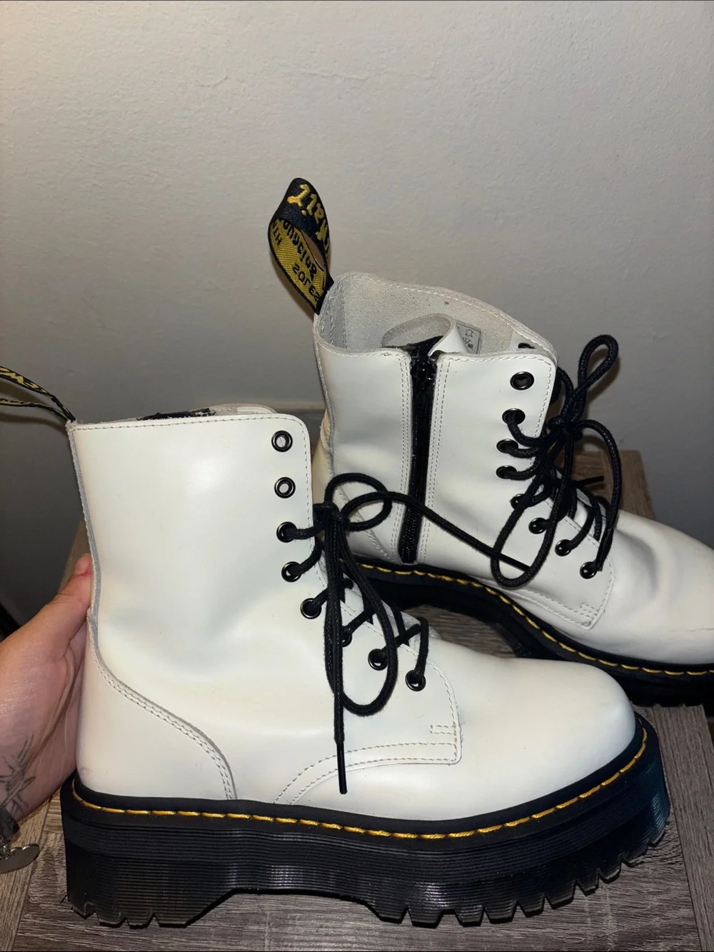 Dr. Martens White Leather Platform Combat Boots with Black Laces